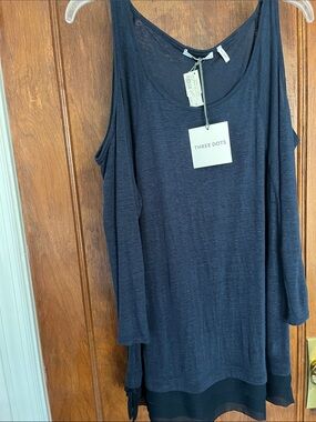 NWT Three Dots Deep Navy Cold-Shoulder Layered Tank 3/4 Sleeves